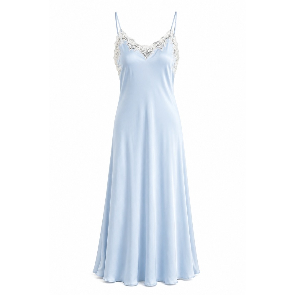 Eileen West Nightgown Womens Large Blue Lace Trim Satin Maxi Slip Dress Coquette